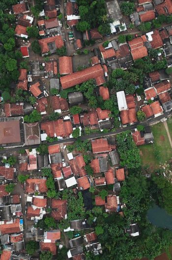 A top-down view of rooftops and greenery in Serpong, Banten, Indonesia.